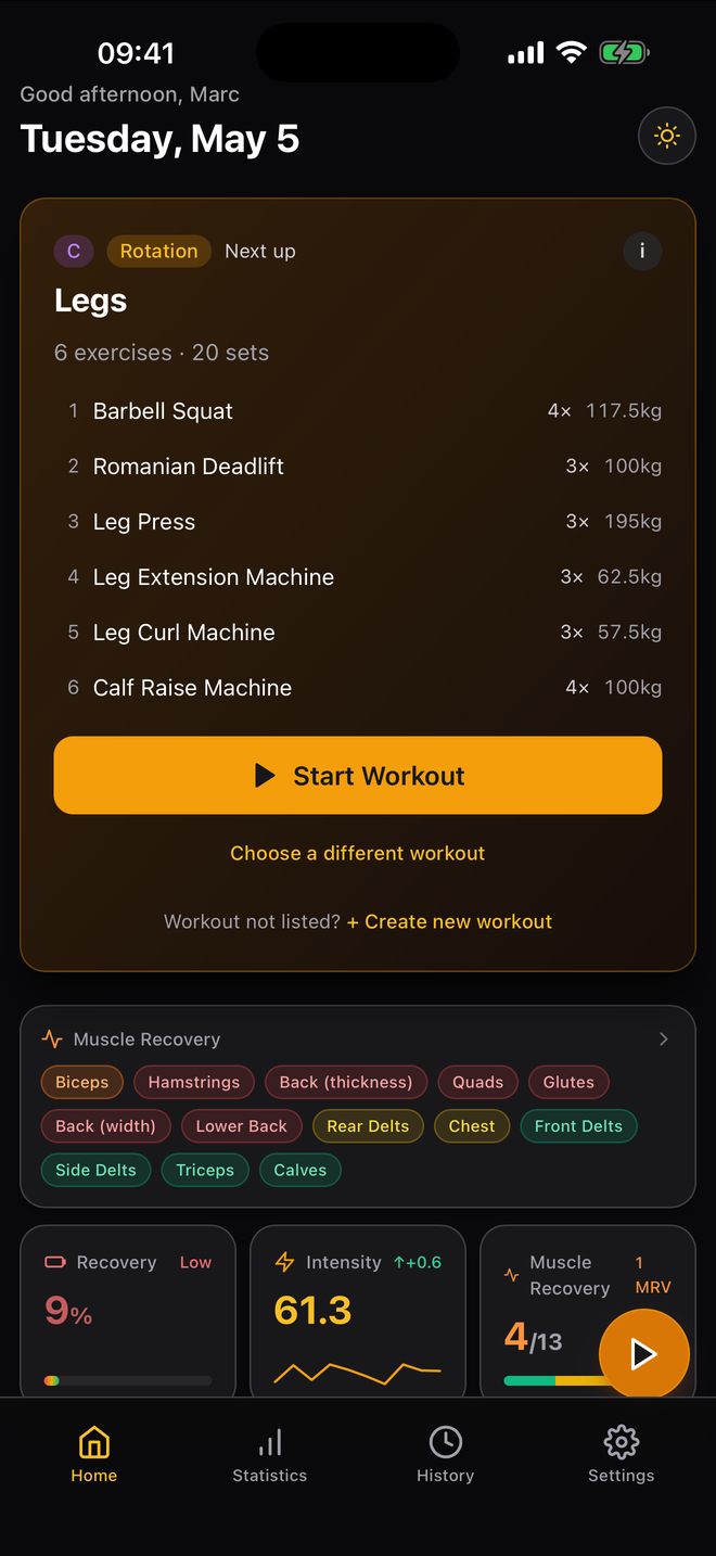 Iron Progress dashboard with next workout, recovery and intensity KPIs