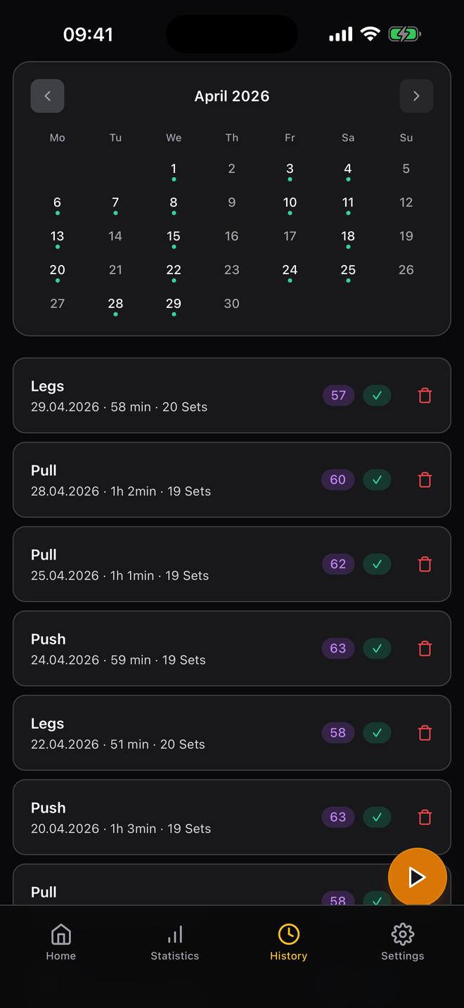 Workout history with calendar