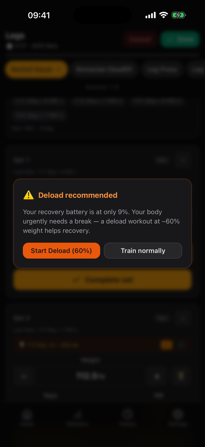 Deload recommendation modal in workout screen
