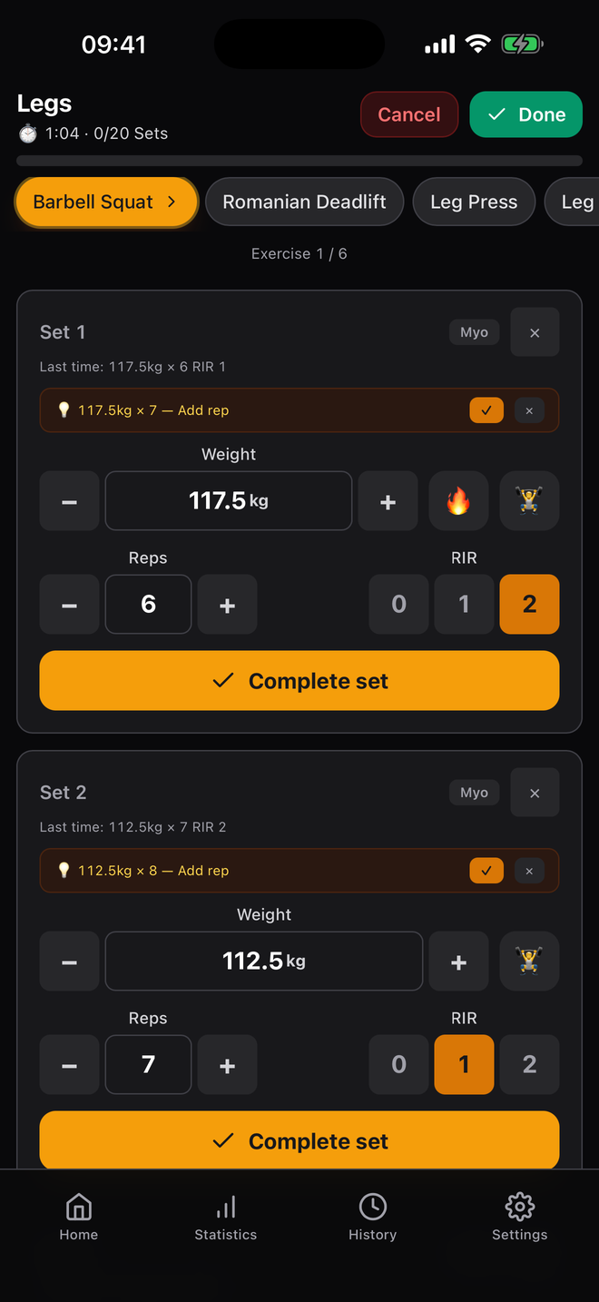 Active workout screen with set logging and RIR